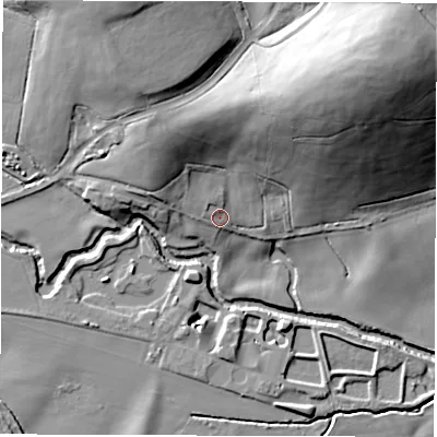 Shaded relief map of the ground around S751LY, computed from Environment Agency LiDAR. The ground here sits at about 57 m above sea level and falls 41 m across the surrounding 800 m. Surface water reaching this point runs off ground lying to the north-north-west, 13.0 m higher.