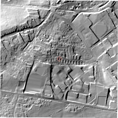 Shaded relief map of the ground around S751NF, computed from Environment Agency LiDAR. The ground here sits at about 80 m above sea level and falls 45 m across the surrounding 800 m. Surface water reaching this point runs off ground lying to the west-south-west, 11.8 m higher.