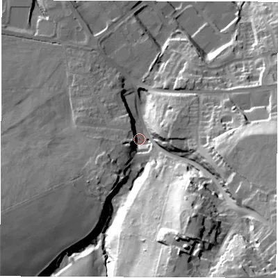 Shaded relief map of the ground around S752HA, computed from Environment Agency LiDAR. The ground here sits at about 77 m above sea level and falls 54 m across the surrounding 800 m. Surface water reaching this point runs off ground lying to the south-east, 45.4 m higher.