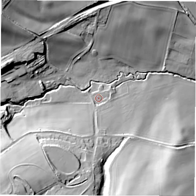 Shaded relief map of the ground around S753EH, computed from Environment Agency LiDAR. The ground here sits at about 77 m above sea level and falls 55 m across the surrounding 800 m. Surface water reaching this point runs off ground lying to the south-south-west, 27.5 m higher.