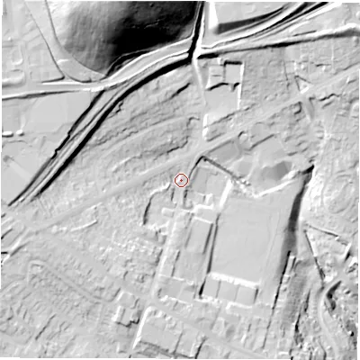 Shaded relief map of the ground around S753JS, computed from Environment Agency LiDAR. The ground here sits at about 126 m above sea level and falls 85 m across the surrounding 800 m. Surface water reaching this point runs off ground lying to the north-north-west, 63.8 m higher.