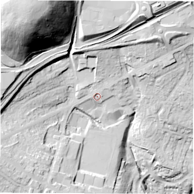 Shaded relief map of the ground around S753JT, computed from Environment Agency LiDAR. The ground here sits at about 128 m above sea level and falls 87 m across the surrounding 800 m. Surface water reaching this point runs off ground lying to the north-east, 19.5 m higher.