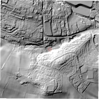 Shaded relief map of the ground around S753NP, computed from Environment Agency LiDAR. The ground here sits at about 103 m above sea level and falls 48 m across the surrounding 800 m. Surface water reaching this point runs off ground lying to the north-west, 35.3 m higher.