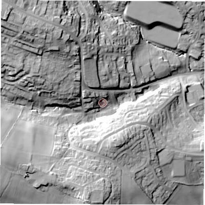 Shaded relief map of the ground around S753NR, computed from Environment Agency LiDAR. The ground here sits at about 105 m above sea level and falls 48 m across the surrounding 800 m. Surface water reaching this point runs off ground lying to the west-north-west, 11.2 m higher.