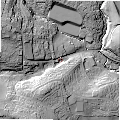 Shaded relief map of the ground around S753NT, computed from Environment Agency LiDAR. The ground here sits at about 99 m above sea level and falls 48 m across the surrounding 800 m. Surface water reaching this point runs off ground lying to the west-north-west, 35.6 m higher.