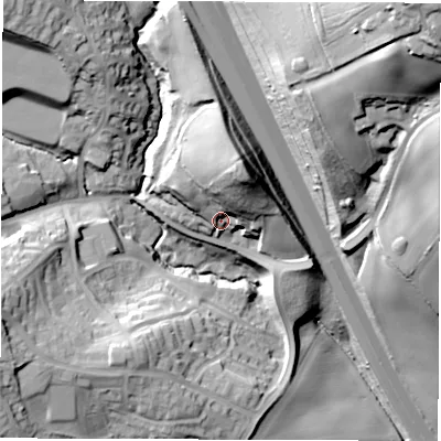 Shaded relief map of the ground around S753NX, computed from Environment Agency LiDAR. The ground here sits at about 97 m above sea level and falls 69 m across the surrounding 800 m. Surface water reaching this point runs off ground lying to the north-north-east, 21.9 m higher.