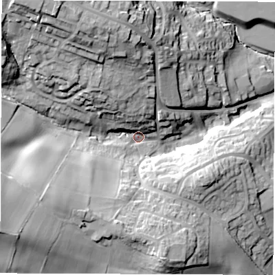 Shaded relief map of the ground around S753NY, computed from Environment Agency LiDAR. The ground here sits at about 106 m above sea level and falls 43 m across the surrounding 800 m. Surface water reaching this point runs off ground lying to the north-west, 33.7 m higher.