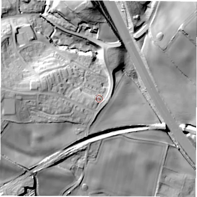 Shaded relief map of the ground around S753PA, computed from Environment Agency LiDAR. The ground here sits at about 96 m above sea level and falls 59 m across the surrounding 800 m. Surface water reaching this point runs off ground lying to the west-south-west, 6.0 m higher.