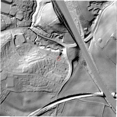 Shaded relief map of the ground around S753PP, computed from Environment Agency LiDAR. The ground here sits at about 90 m above sea level and falls 58 m across the surrounding 800 m. Surface water reaching this point runs off ground lying to the west-south-west, 25.3 m higher.