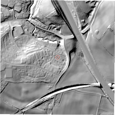 Shaded relief map of the ground around S753PW, computed from Environment Agency LiDAR. The ground here sits at about 92 m above sea level and falls 59 m across the surrounding 800 m. Surface water reaching this point runs off ground lying to the south-west, 12.7 m higher.