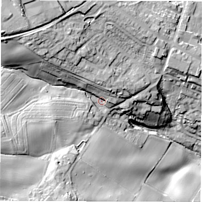 Shaded relief map of the ground around S753RY, computed from Environment Agency LiDAR. The ground here sits at about 128 m above sea level and falls 45 m across the surrounding 800 m. Surface water reaching this point runs off ground lying to the west-south-west, 22.3 m higher.
