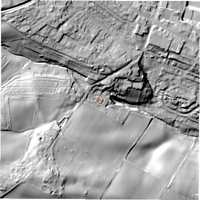 Shaded relief map of the ground around S753RZ, computed from Environment Agency LiDAR. The ground here sits at about 125 m above sea level and falls 45 m across the surrounding 800 m. Surface water reaching this point runs off ground lying to the south-west, 29.0 m higher.