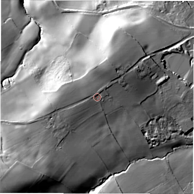 Shaded relief map of the ground around S754AF, computed from Environment Agency LiDAR. The ground here sits at about 141 m above sea level and falls 63 m across the surrounding 800 m. Surface water reaching this point runs off ground lying to the west-south-west, 8.1 m higher.