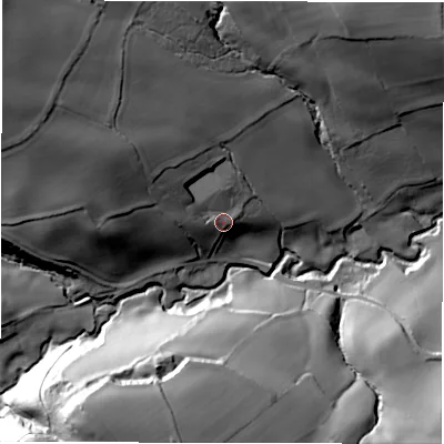 Shaded relief map of the ground around S754AL, computed from Environment Agency LiDAR. The ground here sits at about 113 m above sea level and falls 50 m across the surrounding 800 m. Surface water reaching this point runs off ground lying to the west-north-west, 27.3 m higher.