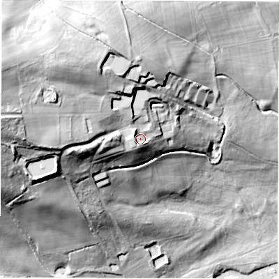 Shaded relief map of the ground around S754AT, computed from Environment Agency LiDAR. The ground here sits at about 114 m above sea level and falls 58 m across the surrounding 800 m. Surface water reaching this point runs off ground lying to the north-west, 4.1 m higher.