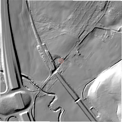 Shaded relief map of the ground around S754BZ, computed from Environment Agency LiDAR. The ground here sits at about 73 m above sea level and falls 39 m across the surrounding 800 m. Surface water reaching this point runs off ground lying to the north-east, 30.8 m higher.