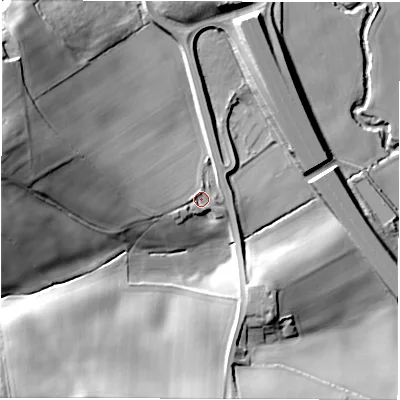 Shaded relief map of the ground around S754DE, computed from Environment Agency LiDAR. The ground here sits at about 77 m above sea level and falls 39 m across the surrounding 800 m. Surface water reaching this point runs off ground lying to the west-south-west, 6.5 m higher.