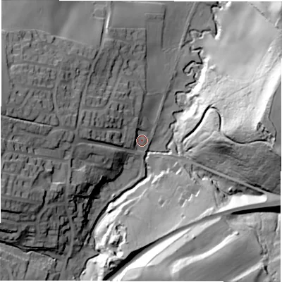 Shaded relief map of the ground around S754DF, computed from Environment Agency LiDAR. The ground here sits at about 93 m above sea level and falls 56 m across the surrounding 800 m. Surface water reaching this point runs off ground lying to the west, 22.3 m higher.