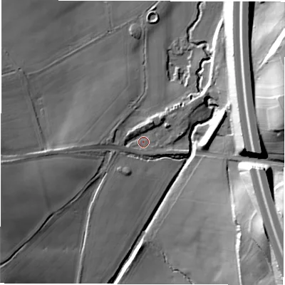Shaded relief map of the ground around S754DP, computed from Environment Agency LiDAR. The ground here sits at about 67 m above sea level and falls 41 m across the surrounding 800 m. Surface water reaching this point runs off ground lying to the east-south-east, 37.8 m higher.