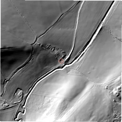 Shaded relief map of the ground around S754DS, computed from Environment Agency LiDAR. The ground here sits at about 74 m above sea level and falls 42 m across the surrounding 800 m. Surface water reaching this point runs off ground lying to the north-west, 16.1 m higher.