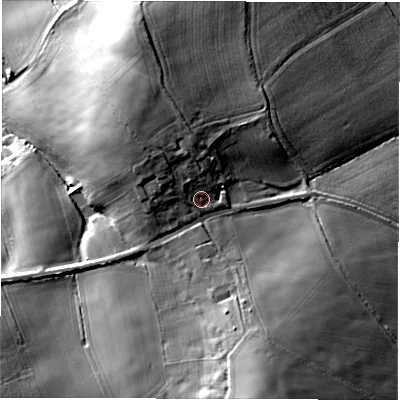 Shaded relief map of the ground around S754DT, computed from Environment Agency LiDAR. The ground here sits at about 97 m above sea level and falls 38 m across the surrounding 800 m. Surface water reaching this point runs off ground lying to the west-north-west, 6.7 m higher.
