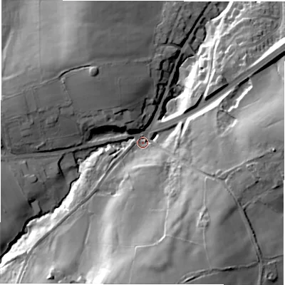 Shaded relief map of the ground around S754ED, computed from Environment Agency LiDAR. The ground here sits at about 96 m above sea level and falls 51 m across the surrounding 800 m. Surface water reaching this point runs off ground lying to the south, 43.7 m higher.