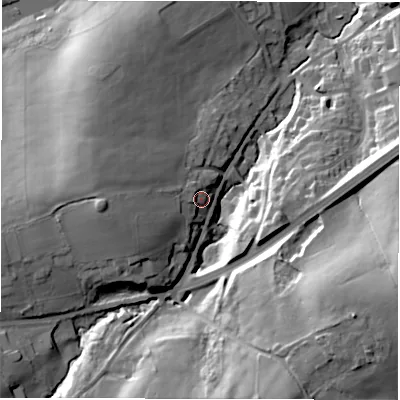 Shaded relief map of the ground around S754EH, computed from Environment Agency LiDAR. The ground here sits at about 98 m above sea level and falls 45 m across the surrounding 800 m. Surface water reaching this point runs off ground lying to the west, 15.1 m higher.