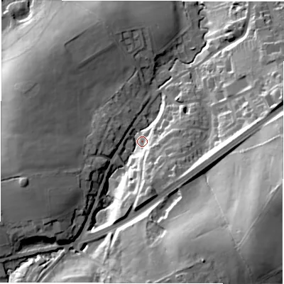 Shaded relief map of the ground around S754EJ, computed from Environment Agency LiDAR. The ground here sits at about 91 m above sea level and falls 48 m across the surrounding 800 m. Surface water reaching this point runs off ground lying to the south-east, 39.6 m higher.