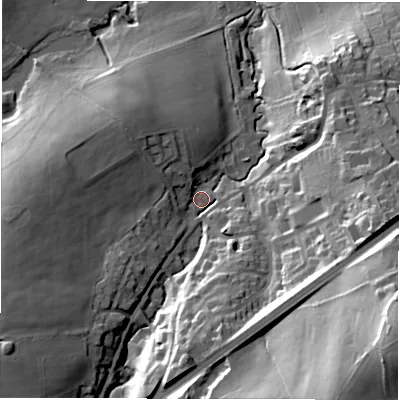 Shaded relief map of the ground around S754EW, computed from Environment Agency LiDAR. The ground here sits at about 87 m above sea level and falls 54 m across the surrounding 800 m. Surface water reaching this point runs off ground lying to the south-west, 26.2 m higher.