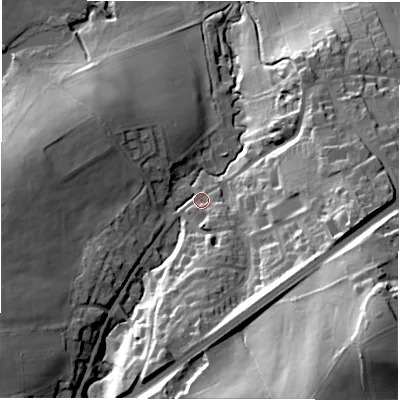 Shaded relief map of the ground around S754EY, computed from Environment Agency LiDAR. The ground here sits at about 87 m above sea level and falls 54 m across the surrounding 800 m. Surface water reaching this point runs off ground lying to the south-west, 24.3 m higher.
