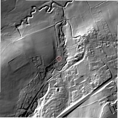 Shaded relief map of the ground around S754HA, computed from Environment Agency LiDAR. The ground here sits at about 84 m above sea level and falls 55 m across the surrounding 800 m. Surface water reaching this point runs off ground lying to the west, 8.1 m higher.