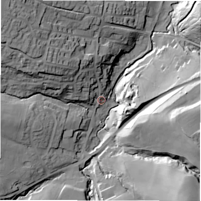 Shaded relief map of the ground around S754JP, computed from Environment Agency LiDAR. The ground here sits at about 100 m above sea level and falls 51 m across the surrounding 800 m. Surface water reaching this point runs off ground lying to the west-north-west, 24.2 m higher.