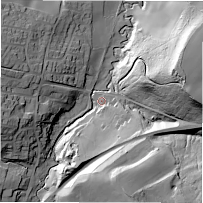 Shaded relief map of the ground around S754JU, computed from Environment Agency LiDAR. The ground here sits at about 94 m above sea level and falls 55 m across the surrounding 800 m. Surface water reaching this point runs off ground lying to the south-south-east, 21.6 m higher.