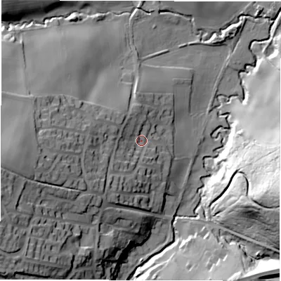 Shaded relief map of the ground around S754LF, computed from Environment Agency LiDAR. The ground here sits at about 97 m above sea level and falls 53 m across the surrounding 800 m. Surface water reaching this point runs off ground lying to the west, 28.4 m higher.