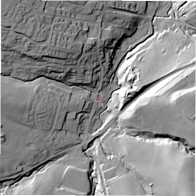 Shaded relief map of the ground around S754LN, computed from Environment Agency LiDAR. The ground here sits at about 99 m above sea level and falls 51 m across the surrounding 800 m. Surface water reaching this point runs off ground lying to the north-west, 34.5 m higher.