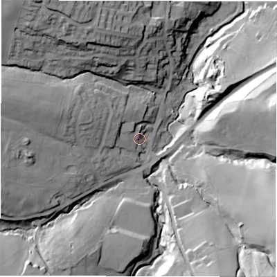 Shaded relief map of the ground around S754LR, computed from Environment Agency LiDAR. The ground here sits at about 105 m above sea level and falls 45 m across the surrounding 800 m. Surface water reaching this point runs off ground lying to the north-west, 6.4 m higher.