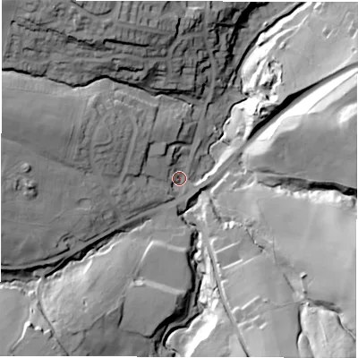 Shaded relief map of the ground around S754LT, computed from Environment Agency LiDAR. The ground here sits at about 101 m above sea level and falls 48 m across the surrounding 800 m. Surface water reaching this point runs off ground lying to the south-west, 24.6 m higher.