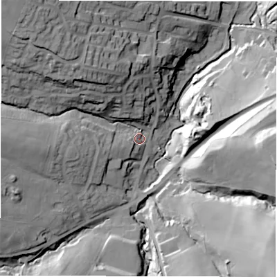 Shaded relief map of the ground around S754LW, computed from Environment Agency LiDAR. The ground here sits at about 102 m above sea level and falls 49 m across the surrounding 800 m. Surface water reaching this point runs off ground lying to the north-west, 34.9 m higher.