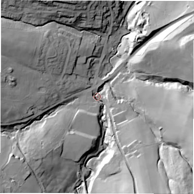 Shaded relief map of the ground around S754LX, computed from Environment Agency LiDAR. The ground here sits at about 100 m above sea level and falls 54 m across the surrounding 800 m. Surface water reaching this point runs off ground lying to the south-east, 48.6 m higher.