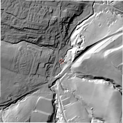 Shaded relief map of the ground around S754LZ, computed from Environment Agency LiDAR. The ground here sits at about 98 m above sea level and falls 52 m across the surrounding 800 m. Surface water reaching this point runs off ground lying to the south-west, 24.7 m higher.