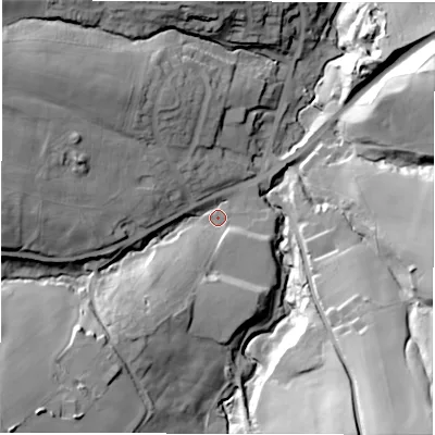 Shaded relief map of the ground around S754NA, computed from Environment Agency LiDAR. The ground here sits at about 103 m above sea level and falls 52 m across the surrounding 800 m. Surface water reaching this point runs off ground lying to the south-west, 36.6 m higher.