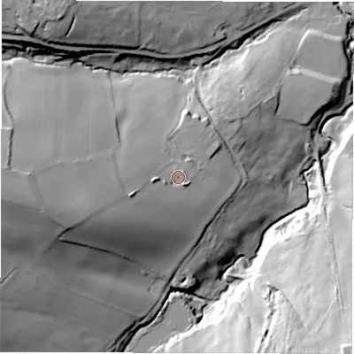 Shaded relief map of the ground around S754NF, computed from Environment Agency LiDAR. The ground here sits at about 127 m above sea level and falls 57 m across the surrounding 800 m. Surface water reaching this point runs off ground lying to the west-south-west, 20.4 m higher.