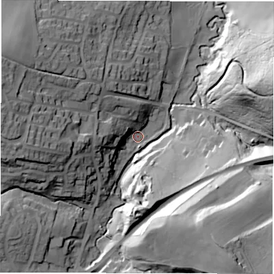 Shaded relief map of the ground around S754NY, computed from Environment Agency LiDAR. The ground here sits at about 94 m above sea level and falls 53 m across the surrounding 800 m. Surface water reaching this point runs off ground lying to the west, 35.2 m higher.