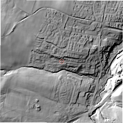 Shaded relief map of the ground around S754SW, computed from Environment Agency LiDAR. The ground here sits at about 117 m above sea level and falls 47 m across the surrounding 800 m. Surface water reaching this point runs off ground lying to the north-north-east, 9.6 m higher.