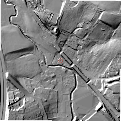Shaded relief map of the ground around S755HE, computed from Environment Agency LiDAR. The ground here sits at about 60 m above sea level and falls 46 m across the surrounding 800 m. Surface water reaching this point runs off ground lying to the north-east, 35.6 m higher.