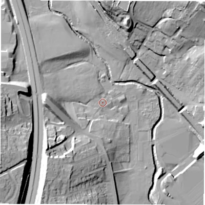 Shaded relief map of the ground around S755HF, computed from Environment Agency LiDAR. The ground here sits at about 60 m above sea level and falls 37 m across the surrounding 800 m. Surface water reaching this point runs off ground lying to the south-west, 19.3 m higher.