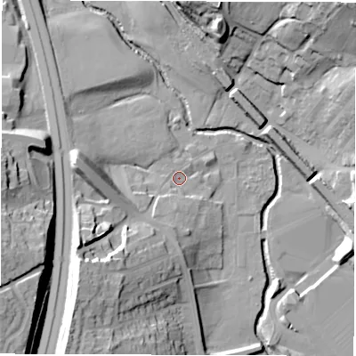 Shaded relief map of the ground around S755HG, computed from Environment Agency LiDAR. The ground here sits at about 60 m above sea level and falls 32 m across the surrounding 800 m. Surface water reaching this point runs off ground lying to the south-west, 20.1 m higher.