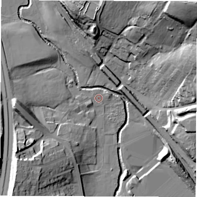 Shaded relief map of the ground around S755HQ, computed from Environment Agency LiDAR. The ground here sits at about 60 m above sea level and falls 43 m across the surrounding 800 m. Surface water reaching this point runs off ground lying to the north-north-west, 0.7 m higher.