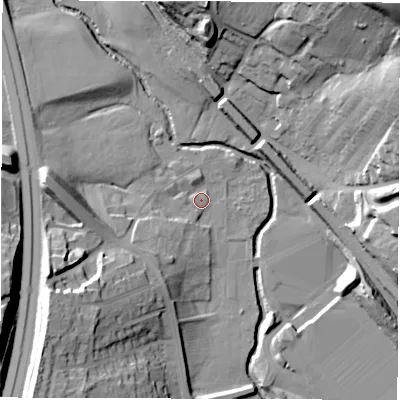Shaded relief map of the ground around S755LZ, computed from Environment Agency LiDAR. The ground here sits at about 59 m above sea level and falls 37 m across the surrounding 800 m. Surface water reaching this point runs off ground lying to the south-west, 20.7 m higher.