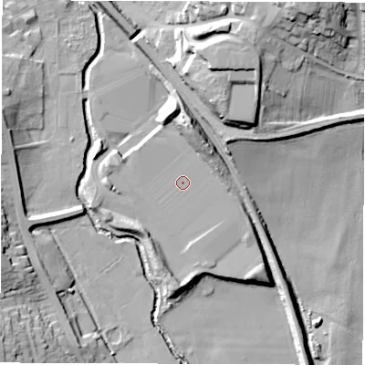 Shaded relief map of the ground around S755NH, computed from Environment Agency LiDAR. The ground here sits at about 61 m above sea level and falls 30 m across the surrounding 800 m. Surface water reaching this point runs off ground lying to the east-north-east, 0.6 m higher.